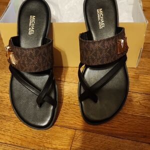 Michael Kors Black and Brown Sandals with Gold Accent